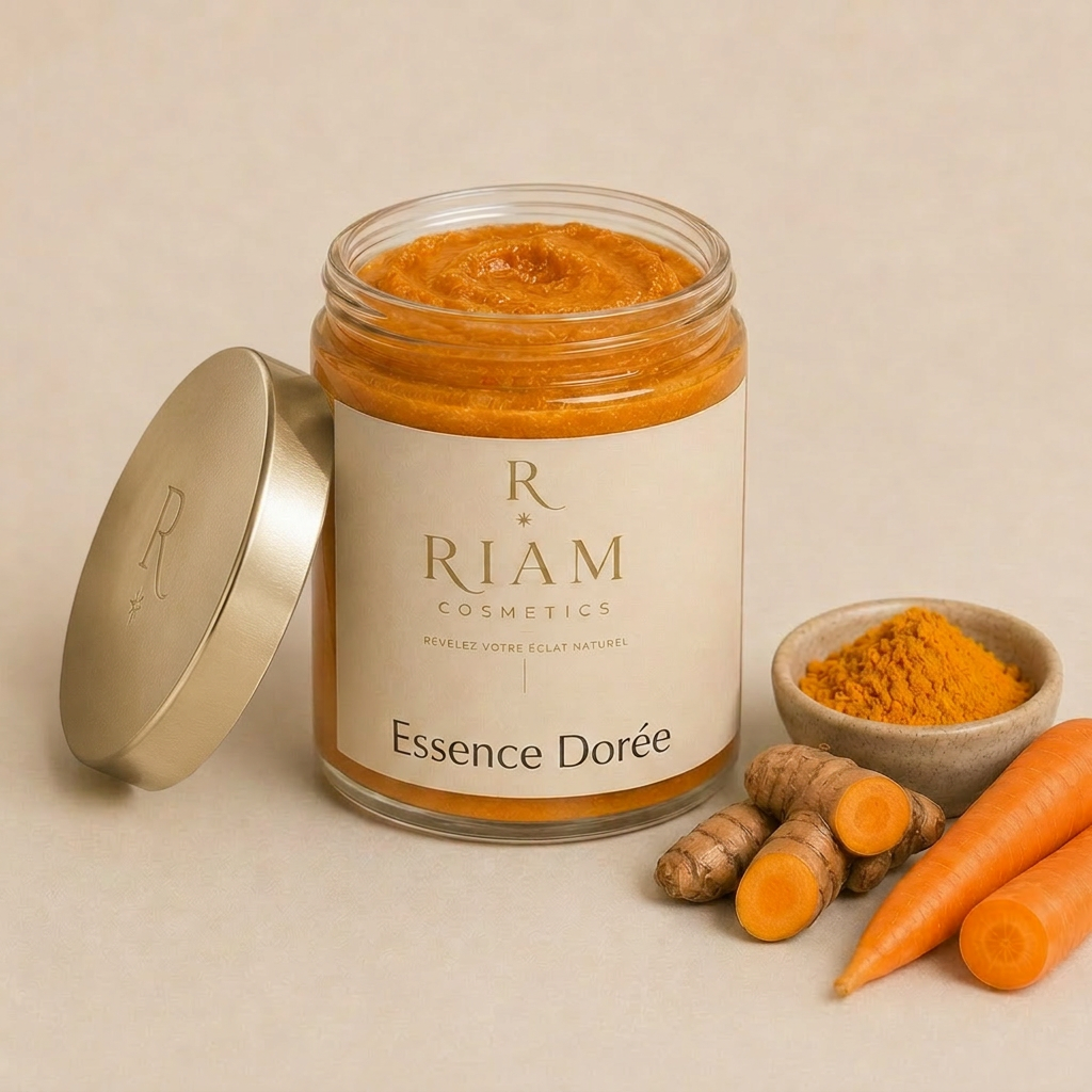 Pot de Black Glow Riam Cosmetics avec curcuma et carottes fraîches.